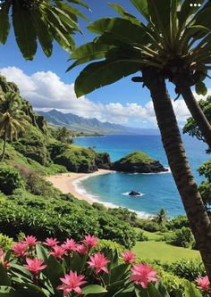 the beach is surrounded by lush green trees and pink flowers on the side of the water