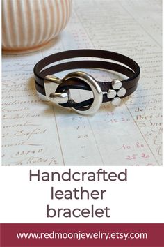 Beautiful, handcrafted leather bracelet for women from Red Moon Jewelry $44.50 and FREE shipping on Etsy. Available in 7 leather colors, you'll love this simply styled jewelry. Handmade Leather Wrap Bracelet For Gift, Handmade Leather Wrap Bracelet Gift, Leather Strap Jewelry For Everyday Use, Everyday Jewelry With Leather Strap, Handmade Adjustable Leather Wrap Bracelet, Handmade Leather Bracelets For Everyday, Handmade Leather Bracelet For Everyday, Everyday Handmade Leather Bracelets, Chic Adjustable Leather Bracelet