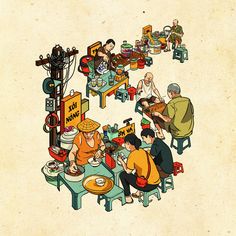 an illustration of people sitting around a table eating food