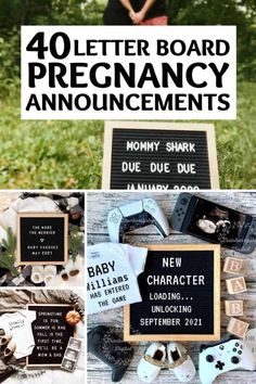 a collage of photos with the words 40 letter board pregnancy announcements