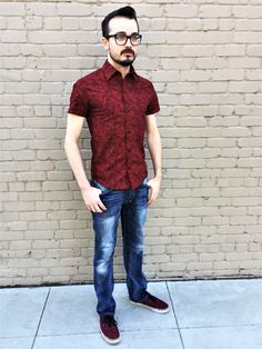 "This gorgeous floral shirt is perfect for lovers of red! Made from premium 100% cotton floral tonal print fabric. A small all-over floral print in a beautiful dark red color. Limited quantities of fabrics available to preserve the uniqueness of the shirt. Only 3 available! Featuring: Small floral print in rich red 100% Cotton Handmade in America Made to order Individually numbered Size ChestSleeve Length  XS       32-34\"31-32\" S       35-37\"32-33\" M       38-40\"33-34\" L       41-43\"34-35 Fitted Cotton Shirt With Floral Print, Semi-formal Red Cotton Top, Red Cotton Semi-formal Top, Red Semi-formal Cotton Top, Red Semi-formal Top, Red Floral Print Shirt With Relaxed Fit, Red Cotton Shirt With Floral Print, Custom Scrubs, Tonal Prints