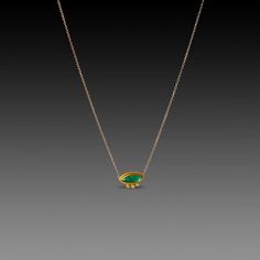 A vibrant rose cut emerald is set in a warm 22k gold bezel, accented with three sparkling diamonds, backed in 18k gold and stationed on a 14k gold chain. Emerald measures approximately 1/3 inch across. Matte finish. Emerald Necklace Gold, Emerald Necklace, Sparkle Diamonds, 22k Gold, Necklace Gold, Rose Cut, Gold Chain, Gold Chains, Diamond Necklace