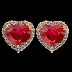 METAL SPECIFICATIONS Metal Name: Yellow Gold 14K STONE SPECIFICATIONS Stone Name: RUBY/DIAMOND Stone Cut : Heart & Round cut Stone Specifications: There are two red rubies approx. 3.50 carats each (Approx. Size 9.2 x 9.4 mm) & approx. 0.20 carats round smaller diamonds on the side in each earring. Natural earth-mined stones. Total Stone Weight : approx. 7.40 carats Color : Red/F Clarity : AAA/VVS1 APPRAISAL Appraised Value : $12400.00 Comes with a FREE APPRAISAL All kinds of customizatio Luxury Diamond Earrings For Valentine's Day, Luxury Red Diamond Earrings As Gift, Luxury Red Diamond Earrings For Gift, Red Luxury Diamond Earrings As Gift, Luxury Diamond Earrings For Valentine's Day Formal, Heart Cut Earrings For Valentine's Day Formal Occasions, Formal Valentine's Day Diamond Cut Earrings, Brilliant Cut Earrings For Valentine's Day Formal Occasion, Luxury Diamond Earrings For Anniversary On Valentine's Day