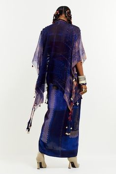 Sapphire jacket with lace cutwork, resham and kaudi embroidery. Comes with a skirt and a blouse. - Aza Fashions Blue Bohemian Set With Sheer Dupatta, Bohemian Chikankari Embroidery Party Sets, Blue Silk Bohemian Sets, Bohemian Sets With Woven Motifs For Festive Season, Bohemian Blue Silk Sets, Bohemian Festive Sets With Woven Motifs, Festive Bohemian Sets With Woven Motifs, Festive Blue Dress With Tassels, Festive Blue Tassel Dress