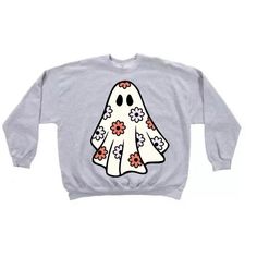 A cute flowered girlie ghost on a sweatshirt!  Graphic is 10x9 across front of sweatshirt Oversized Sweatshirt With Character Print And Long Sleeves, Oversized Long Sleeve Sweatshirt With Character Print, Oversized Cotton Sweatshirt With Character Print, Oversized Casual Sweatshirt With Character Print, Fall Cartoon Print Sweatshirt For Streetwear, Fun Long Sleeve Sweatshirt With Character Print, Cute Sweater For Fall Streetwear, Trendy Fall Hoodie With Character Print, Fall Cartoon Print Streetwear Sweatshirt