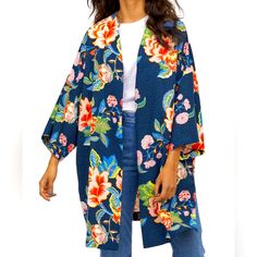 H&M Floral Kimono Jacket, Pockets, Sz L, Nwt Bright & Pretty Heavier Fabric; Not Scarf-Like With Sleeves Two Pockets Open Front; No Closure Sz L Nwt Patterned Jacket, Knee Length Jacket, Floral Kimono Cardigan, Knee Length Coat, Women Blouses Fashion, H&m Jackets, Kimono Fabric, Floral Kimono, Kimono Cardigan