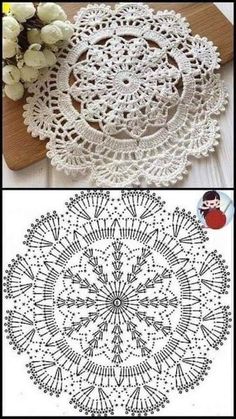 crochet doily is shown in three different pictures, one with flowers and the other with leaves