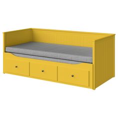 a yellow daybed with two drawers and a mattress on the bottom shelf, in front of a white background