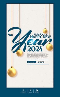 a happy new year poster with gold balls hanging from strings