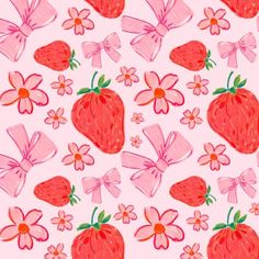 a drawing of strawberries and flowers on a pink background