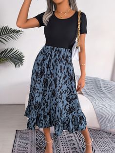 Casual Leopard Print Ruffled Midi Dress - Black,XL Fit And Flare A-line Midi Dress With Ruffles, Chic A-line Maxi Dress With Ruffles, Casual Flowy Pleated Midi Dress, Midi-length Ruffle Dress With Ruffle Hem For Day Out, Flowy Pleated Midi Dress Casual, Black Skirted Dress With Ruffles, Midi Length Ruffle Dress For Day Out, Casual Midi Ruffle Dress For Day Out, Casual Midi-length Ruffle Dress For Day Out