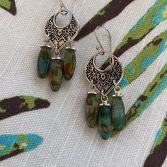 Temple Link Antique Silver Plated Hardware With Picasso Green Spindle Beads. Earrings Measure 2” Gold Bead Earrings, Peach Earrings, Malachite Earrings, Carnelian Earrings, Cactus Earrings, Mixed Media Jewelry, Beads Earrings, Jewelry Techniques, Hand Crafted Jewelry