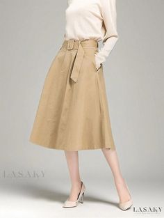 Lasaky - Vintage-inspired, High-waisted, Khaki Midi Skirt with Wide Flared Hemline Casual High-waist Skirt With Belt, Casual High Waist Skirt With Belt, Casual Belted Skirt For Fall, Casual Fall Skirt With Belt Loops, Casual Fall Skirt With Belt, High Waist Belted Skirt For Spring, Spring High Waist Belted Skirt, Trendy Skirt With Belt For Spring, Trendy Belted Skirt For Spring