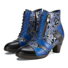 These boots feature a colorful floral pattern on the shaft, primarily in shades of purple and magenta. These vibrant colors infuse the boots with energy and personality, complementing the fundamental design. The colorful floral pattern on the shaft adds a unique visual effect to the entire shoe, cleverly incorporating elements of purple and magenta.  Simultaneously, these boots pay meticulous attention to details and design. The zipper embellishment on the top not only serves as a decorative Bohemian Boots, Real Leather Boots, Leather Patchwork, Popular Shoes, High Heel Wedges, Stitching Leather, Mid Heel, Shades Of Purple, Boot Sandals