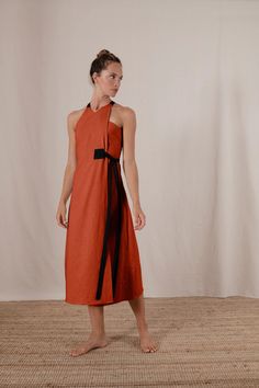 Zulu Linen Wrap Dress in Copper - LUXMII Linen Wrap Dress, Linen Clothing, Linen Midi Dress, Linen Style, How To Make Clothes, Zulu, Gorgeous Fabrics, Feminine Look, White Midi Dress