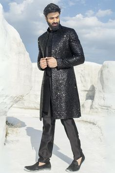 Black Jacket Indo Western – embellished with shimmering sequins. It comes with a black inner jacket and pants. Indian party wear for men. Shipping Worldwide. Party Wear For Men, Indo Western For Men, Indo Western Sherwani, Indian Party, Indian Party Wear, Indo Western, Black Sequins, Mandarin Collar, Black Jacket