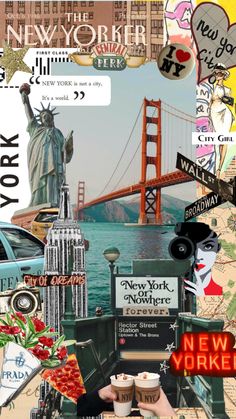 new york collage with the statue of liberty and the golden gate bridge in the background