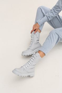 Lining material: Eco-leather Model height: 168 cm Product size: 37 Sole heel height: 4,5 cm Sole height: 3,2 cm Upper material: Eco-leather Lace Combat Boots, Gray Boots, Grey Boots, Model Height, White Sneaker, Combat Boots, Heel Height, Lace Up, Boots