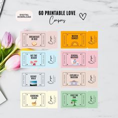 the printable love coup is displayed on a table with tulips and other items