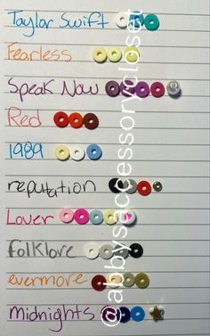 the words are written on lined paper with different types of buttons in each letter and numbers