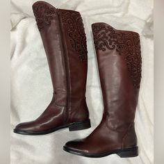 Size 8.5 Gianni Bini Leather Riding Boots Embroidered Leather Knee-high Boots, Embroidered Leather Boots For Fall, Fall Embroidered Leather Boots, Leather Embroidered Round Toe Boots, Leather Embroidered Boots With Round Toe, Leather Boots With Embroidered Round Toe, Embroidered Leather Boots With Round Toe, Brown Leather Riding Boots, Gianni Bini Shoes