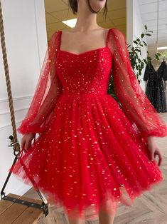 Scarlet Red Mini Dress | Teuta Matoshi Tulle Short Dress, Long Sleeve Homecoming Dresses, Tulle Cocktail Dress, Short Red Prom Dresses, Prom Dress Red, Formal Dresses Graduation, Tulle Ball Gown, Red Prom, فستان سهرة