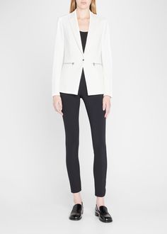 Chic Fitted Blazer With Zipper Closure, Tailored Long Sleeve Blazer With Zipper Closure, Modern Fitted Outerwear For Commuting, Classic Blazer With Zipper Closure For Work, Modern Stretch Outerwear For Work, Fitted Outerwear With Zipper Closure For Work, Fitted Zipper Closure Outerwear For Work, Fitted Long Sleeve Blazer With Zipper Closure, Scuba Jacket