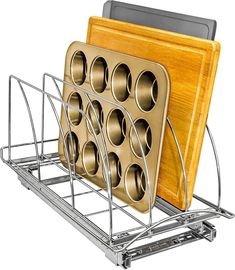 a metal rack with two trays on top of it