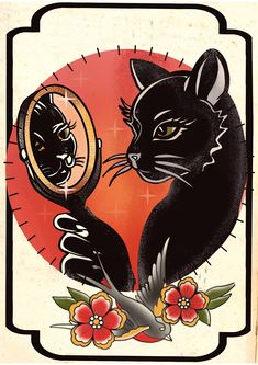 a black cat is looking at its reflection in a mirror with flowers on the side