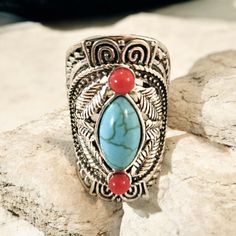 Beautiful Tibet Bohemian Ethnic Ring Is: Antique Silver Plated Size: 7 Beautiful Red And Howlite Turqouise Stone. Comes With A Small Thank You Gift! Will Be Beautifully Wrapped In A Box With Ribbon As Shown In Pictures. I Take Great Pride In What I Sell And Stand Behind Each Item. I Want My Buyers To Love What They Receive From Me. I Love Offers And To Bundle Items. Just Message Me Bohemian Adjustable Turquoise Ring For Festivals, Adjustable Bohemian Turquoise Ring For Festivals, Nickel-free Bohemian Turquoise Ring, Bohemian Turquoise Ring For Festival, Bohemian Adjustable Turquoise Ring, Turquoise Bohemian Ring For Festival, Adjustable Bohemian Turquoise Ring, Adjustable Multicolor Turquoise Bohemian Ring, Multicolor Metal Bohemian Rings