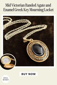 This striking, heavy, beautifully made locket is fashioned in 18k yellow gold with a crisp Greek key pattern rendered in black enamel and a black and white banded agate cabochon at the center.   The interior holds two empty lockets that very likely once housed locks of hair or perhaps a portrait miniature. Along the frame of one locket is an engraved dedication. Makes a great Christmas gift this holiday season! Ancient Greek Art, Greek Key Pattern, Jewellery Marketing, Handmade Jewel, Agate Cabochon, Banded Agate, Black Jewelry, Greek Key