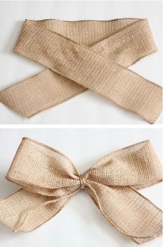 two pictures of the same ribbon as shown in three different ways, one with a bow on it