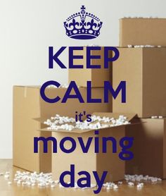 boxes stacked on top of each other with the words keep calm it's moving day