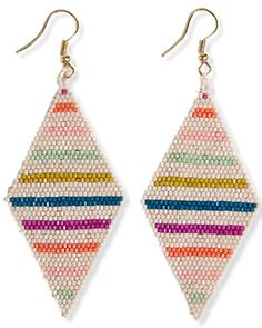 a pair of earrings with multicolored beads