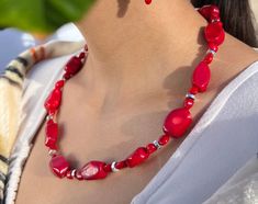 Bold but casual statement necklace with silver beading. Red Necklaces With Silver Beads, Elegant Red Beaded Necklace With Silver Beads, Red Coral Necklace, Gilbert Az, Coral Necklace, Silver Bead, Beaded Necklaces, Red Coral, Silver Beads