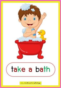 a baby in a bathtub with the words take a bath and an image of a rubber duck