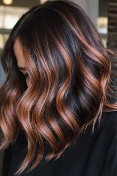 Copper Highlights with Black Hair Copper On Brunette Hair, Dark Brown With Copper Highlights, Copper Hair With Dark Roots, Peak A Boo Hair, Copper Highlights On Brown Hair, Copper Hair With Highlights, Dark Copper Hair Color, Copper Brown Hair, Copper Hair Color Ideas