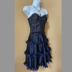 Nwt Vintage Betsey Johnson Navy Dress Party, Cocktail Ruffles, Lace Size 6 Party Midi Dress With Lace Trim Fit And Flare, Formal Mini Dress With Lace Trim And Fitted Bodice, Fitted Lace Trim Corset Dress For Cocktail, Elegant Blue Mini Corset Dress, Evening Mini Dress With Lace Trim And Fitted Bodice, Silk Corset Dress For Spring Formal, Fitted Lace Trim Party Dress, Party Lace Fit And Flare Mini Dress, Spring Party Evening Dress With Lace Trim