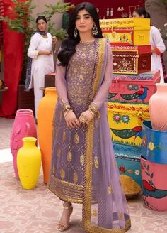 Pyaar Diyan Gallan By Asim Jofa Festive Collection 2024 | Sanaullah Store Lilac Shirt, Net Suit, Western Style Dresses, Festive Collection, Embroidered Border, Lattice Design