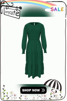 Green Crew Neck Smocked Swing Midi Dress Solid Smocked Long Sleeve Dress, Solid Long Sleeve Smocked Dress, Long Sleeve Solid Color Smocked Dress, Solid Color Long Sleeve Smocked Dress With Smocked Cuffs, Long Sleeve Smocked Dress With Smocked Cuffs, Green Casual Smocked Dress For Fall, Solid Long Sleeve Smocked Dress With Ruched Detail, Long Sleeve Smocked Dress With Ruched Detail, Casual Green Smocked Dress With Smocked Cuffs