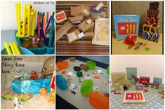 there are many different pictures of toys and books on the table, including children's crafts