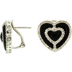 Radiant 14K White Gold Diamond & Black Onyx Heart Earrings Luxury Black Enamel Earrings For Anniversary, Luxury Black Onyx Earrings, Elegant Heart Cut Evening Jewelry, Elegant Heart-shaped Earrings With Diamond Accents, Black Heart Pendant Jewelry For Formal Occasions, Black Jewelry With Diamond Accents For Evening, Luxury Black Round Clip-on Earrings, Black Double Heart Jewelry For Anniversary, Elegant Heart-shaped Evening Earrings