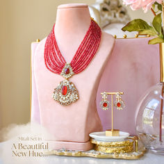 Introducing our latest gem: The Mitali Set, now available in radiant ruby hues for all our ruby lovers! 💎❤️ Peacock Motifs, Stone Engraving, Indian Heritage, Mala Beads, Cz Stone, New Arrivals, Ruby, Gems, Design