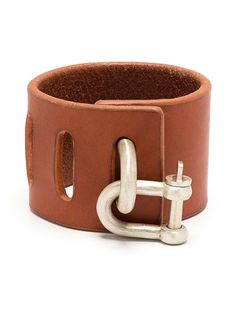 a brown leather bracelet with metal clasps