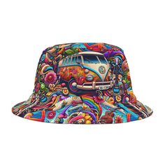 Originally designed to protect fishermen from rain in the 1900s, the personalized bucket hat is now a top fashion pick for all ages. Customize your hat with unique designs and patterns, turning a classic item into a modern wardrobe staple. Made from 100% polyester, this hat is available in two sizes with two stitching color options to choose from. It features a sewn-in label and is proudly made in the USA. Retro Multicolor Hats For Outdoor, Vintage 5-panel Hat For Summer, Vintage 5-panel Summer Hat, Retro Adjustable Hats For Festivals, Vintage Bucket Hat With Flat Brim For Summer, Retro Adjustable Bucket Hat For Summer, Vintage Adjustable Bucket Hat For Summer, Adjustable Retro Bucket Hat For Summer, Vintage Curved Brim Bucket Hat For Summer