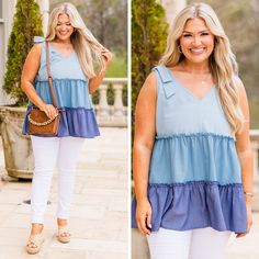 Feel the breeze of the new season in this beauty! Featuring a flowy fit, adorable shoulder ties, and a trendy colorblock design, this tank is perfect for any occasion, from brunch dates to a day out on the town! The lovely denim combo color adds a touch of elegance and sophistication to your look! 70% Polyester, 26% Rayon, 4% Spandex Spring Casual Color Block Tank Top, Trendy Blue Top With Tie Straps, Trendy Blue Tops With Tie Straps, Summer Color Block Cotton Tank Top, Trendy Light Wash Tank Top For Spring, Chic Blue Color Block Tops, Cute Denim Tops For Summer, Sleeveless Color Block Tops For Vacation, Cute Blue Tank Top For Summer