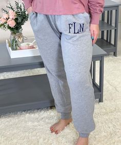 What is better than a pair of super duper comfy monogrammed sweatpants? These Monogrammed Unisex Bella + Canvas Sponge Jogger Sweatpants feature pockets and a drawcord. The softness of these joggers are unmatched! Whether running errands or just lounging around the house, why not do it in style with our Personalized Bella + Canvas Jogger Sweatpants! Makes a great monogrammed gift! Add a monogram and personalize with your own thread color option!  * 7 oz., 52/48 Airlume combed and ringspun cotton Comfortable Letter Print Joggers For Loungewear, Gray Letter Print Pants For Loungewear, Comfortable Loungewear Joggers With Letter Print, Monogram Sweatpants, Super Duper, Jogger Sweatpants, Monogram Gifts, Running Errands, So Cute