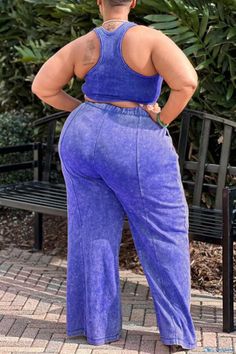 OrcaJump - Stylish Navy Blue Vest and Pants Set for Casual Wear, with O-Neck Design, Ideal for Plus Size Individuals Plus Size Two Piece Outfit, Outfits Sweatpants, Matching Tracksuit, Purple Two Piece, Grey Two Piece, Vest And Pants, Wide Leg Pant Suit, Sleeveless Suit, Plus Size Two Piece