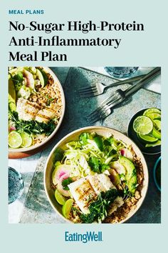 Reduce inflammation while skipping added sugars and increasing protein in this delicious weeklong plan. Learn how to with this no-added-sugar meal plan with healthy high protein recipes like Peanut Butter-Oat Energy Balls and Sheet-Pan Lemon-Pepper Chicken with Broccoli & Tomatoes Healthy High Protein Recipes, Chicken With Broccoli, Anti Inflammation Recipes, Inflammation Diet, Inflammatory Foods, Mediterranean Diet Recipes, Heart Healthy Recipes, Healthy Meal Plans