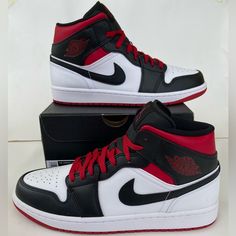 New! Air Jordan 1 Mid Men’s Size: 10 Color: White/Black/Red 100% Authentic!!! Fast Shipping!!! Red Men Shoes, Shoes Black And White, Nike Shoes For Men, Shoes For Boys, Jordan Shoes For Men, Jordan 4 White, Cheap Jordan Shoes, Men's Accessories, Nike Air Jordan Shoes